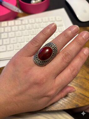 Artisan 925 Silver Boho Ring - Bold Red Cabochon Statement Piece